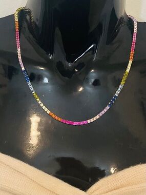 Multicolor Rainbow CZ Tennis Necklace Gold Over Rhodium NWOT
